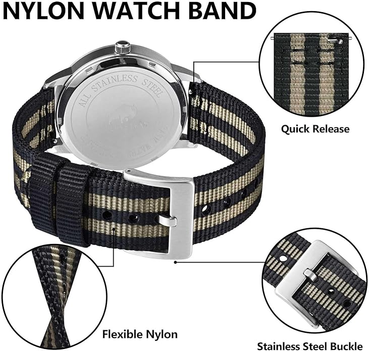 BISONSTRAP Men’s Nylon Watch Bands, Two-Piece Military Watch Straps, Quick Release, Brushed Buckle, Band Width 18mm 19mm 20mm 22mm