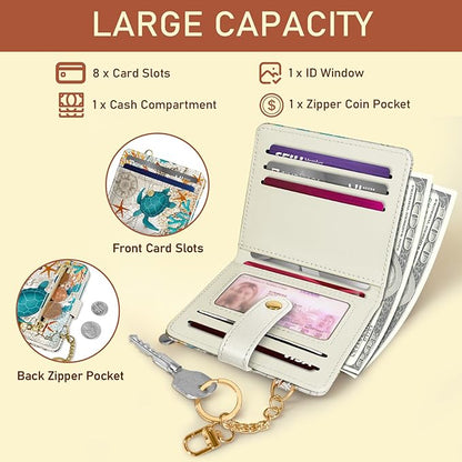 Jogjam Sea Turtle Rfid Women Wallet, Small Slim Thin Credit Card Wallet, PU Leather Bifold Cash Zipper Coin Pocket ID Window for Female Ladies Teen Girls Girly