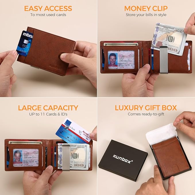 RUNBOX Slim Money Clip Wallets for Men RFID Blocking 11 Card Holder Minimalist Small Leather Bifold Men's Front Pocket Wallet Gift Box