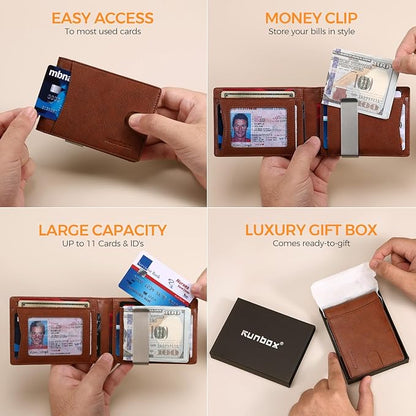RUNBOX Slim Money Clip Wallets for Men RFID Blocking 11 Card Holder Minimalist Small Leather Bifold Men's Front Pocket Wallet Gift Box