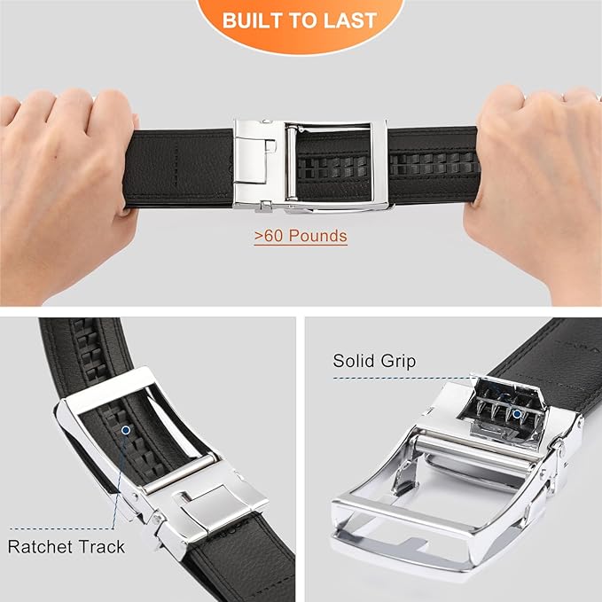 GAEKEAO Ratchet Belt for Men Genuine Leather 1 3/8" - Micro-Adjust Buckle Trim to Fit Dress Belt Casual to Formal Gift Boxed