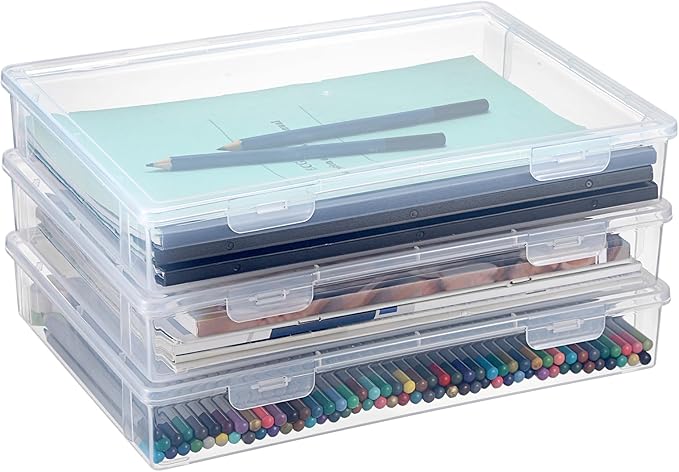 BTSKY Clear Plastic Storage Box with Flap Lid, Multipurpose Craft Organizers and Storage Box Art Supply Storage Organizer Plastic Sewing Box for Pencils Markers Notebooks A4 Files, 3 Pack Large