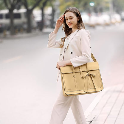 MOSISO Laptop Bag for Women, 13-14 inch PU Leather Laptop Shoulder Bags Convertible Backpack, 13.3 inch Messenger Bags Casual Handbag Work Briefcase Travel Computer Bag with Bowknot, Turmeric
