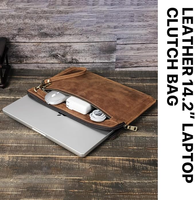 CONTACTS Full Grain Leather 14" Laptop Case Large Document Bag Notary Bag Slim Briefcase for Men