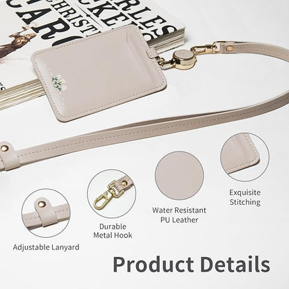 EKAX ID Badge Holder with Adjustable Lanyard & Retractable Badge Reel Clip, Double-Sided Card Holder for Office, Bus Pass, Student, Nurse, Police, Teacher-Lily White Flower