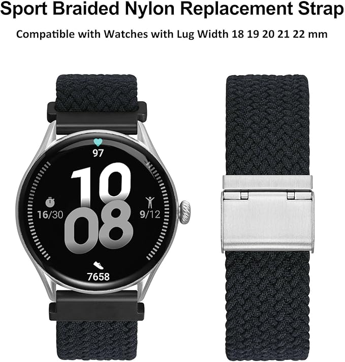 WOCCI 18mm Braided Nylon Watch Band for Men and Women, Quick Release, Silver Stainless Steel Buckle (Black)