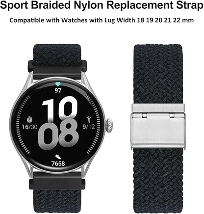 WOCCI 22mm Braided Nylon Watch Band for Men and Women, Quick Release, Silver Stainless Steel Buckle (Black)