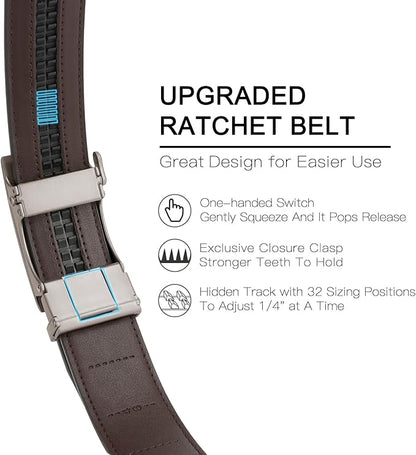 SENDEFN Men's Leather Belt Automatic Ratchet Buckle Slide Belt for Dress Casual Trim to Fit with Gift Box