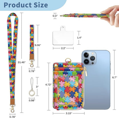 Lanyard Wallet with Id Badge Holder, Autism Awareness RFID Small Keychain Wallet Women Wristlet, Cute Zipper Credit Card Holder Phone Wrist Neck Strap for Key Name Tag, Student Office Gifts