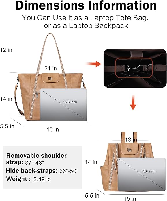 FADEON Large Laptop Tote Bag for Women Designer Leather Laptop Bag Fashion Travel Backpack Purse Shoulder Handbag