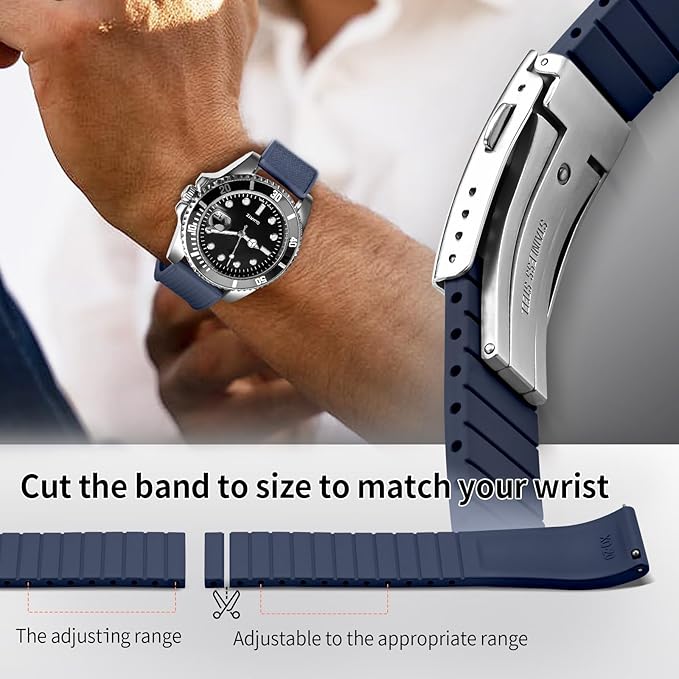 ULLCHRO FKM Rubber Watch Strap, Cut to Size Quick Release Fluororubber Watch Band Soft Replacement Watchband with Silver Milled Clasp for Men Women 18mm 19mm 20mm 21mm 22mm
