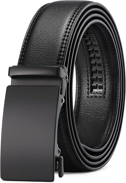 SENDEFN Men's Leather Belt Automatic Ratchet Buckle Slide Belt for Dress Casual Trim to Fit with Gift Box