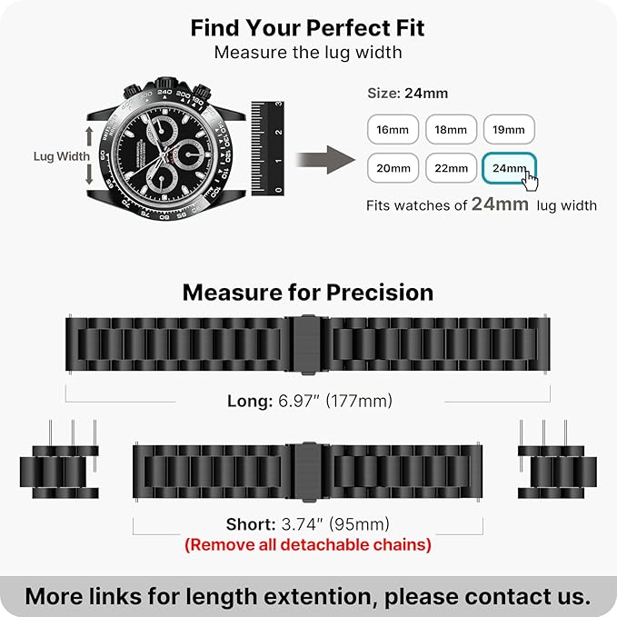 Fullmosa 24mm Stainless Steel Watch Band, Quick Release Metal Replacement Strap with Removable Links, Includes Spring Bars & Link Removal Tool for Men Women (Black)