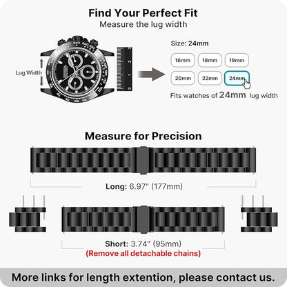 Fullmosa 24mm Stainless Steel Watch Band, Quick Release Metal Replacement Strap with Removable Links, Includes Spring Bars & Link Removal Tool for Men Women (Black)