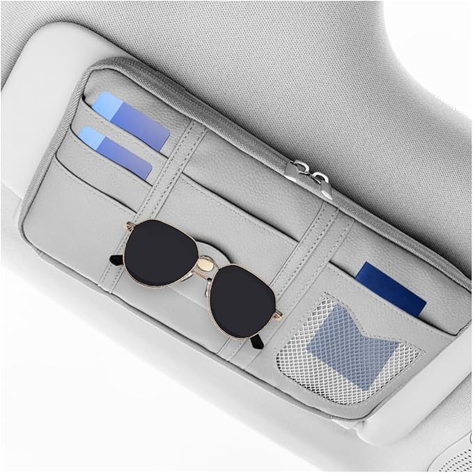 Car Sun Visor Organizer, Multi-Pocket Leather Vehicle Visor Storage Pouch & Sunglasses Holder, Auto Interior Document Card Holder with Double Zipper, Universal for Truck SUV Sedan (Grey)