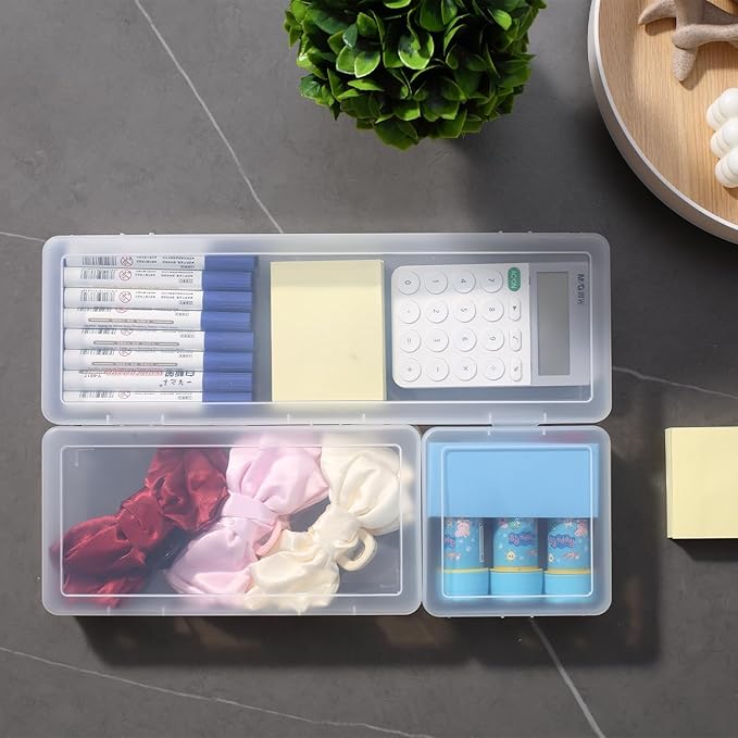 novelinks Plastic Small Storage Bins with Lids for Organizing, Mini Clear Storage Containers and Stackable Storage Box Organizer for Pencil Boxes, Task Boxes, Crayon Boxes (6 Pack Large)