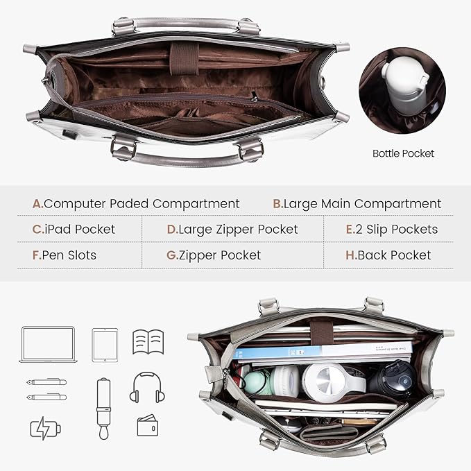LOVEVOOK Laptop Tote Bag for Women, 15.6 Inch Large Capacity Vintage Leather Work Computer Bag, Business Casual Shoulder Handbag, Smoke Gray