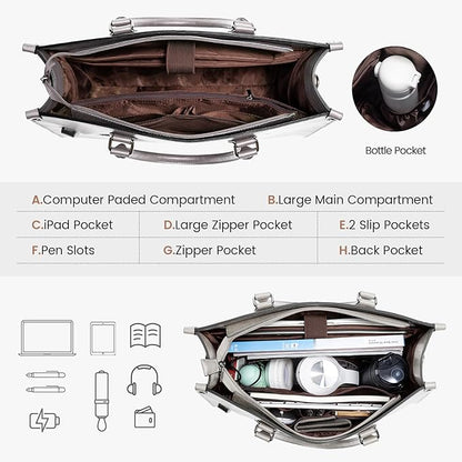 LOVEVOOK Laptop Tote Bag for Women, 15.6 Inch Large Capacity Vintage Leather Work Computer Bag, Business Casual Shoulder Handbag, Smoke Gray