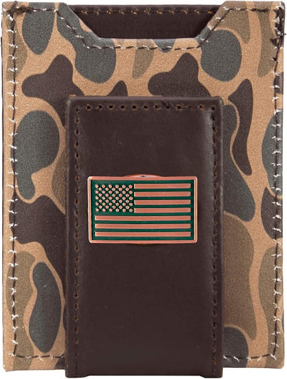 ZEP-PRO USA Flag Men's Magnetic Front Pocket Old School Camo Leather Wallet – Slim Design with Card Slots and Money Clip, Brown/Tan Camo