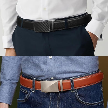 Founders & C Mens Belt 2 Pack,Leather Ratchet Click Belt Dress with Slide Buckle 1 3/8" in Gift Set Box- Size Adjustable
