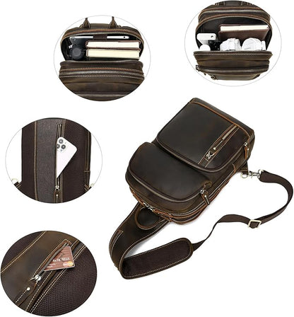 LANNSYNE Full Grain Leather Sling Bag For Men, Crossbody Bag fits 12.9" iPad Crossbody Chest Daypack