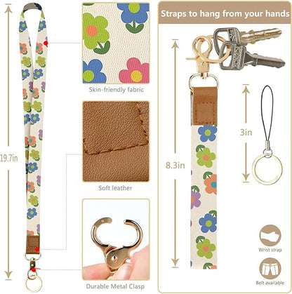 bolimoss 2-in-1 ID Badge Holder & Lanyard Wallet, Cute Floral Lanyard with Wallet, ID Badge Holder with Neck & Wristlet Lanyard, Pu Leather Zip Id Case Wallet with Breakaway Lanyard, Keychain Wallet