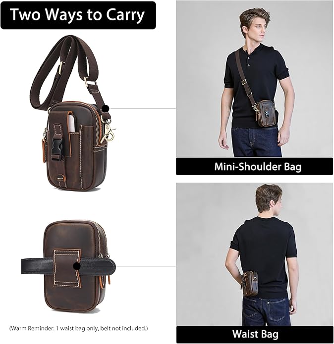 LANNSYNE Small Leather Messenger Bag, 3-in-1 Crossbody Shoulder Bag & Waist Belt Pouch, Sling Purse for Travel Business
