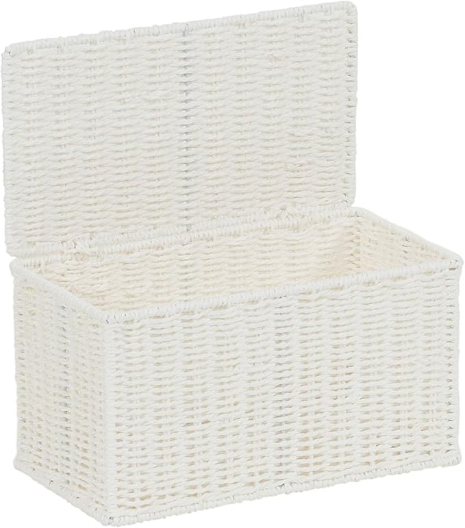 Household Essentials Small Wicker Basket with Lid, Multipurpose Storage Basket for Bathrooms, Shelves, Desks, Vanities, Closets and More, White