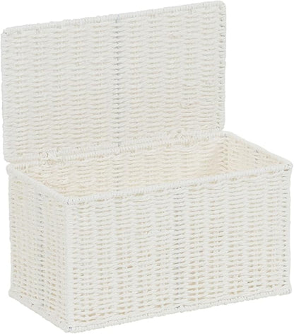 Household Essentials Small Wicker Basket with Lid, Multipurpose Storage Basket for Bathrooms, Shelves, Desks, Vanities, Closets and More, White