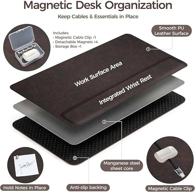 Magnetic Desk Mat System with Wrist Support 80×40cm, Premium Leather Desk Pad with Magnetic Accessories, Waterproof Non-Slip Desk Organizer for Office & Gaming