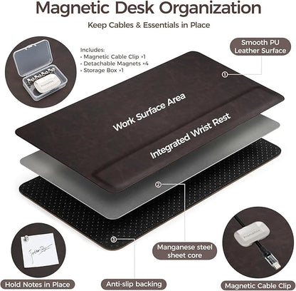 Magnetic Desk Mat System with Wrist Support 80×40cm, Premium Leather Desk Pad with Magnetic Accessories, Waterproof Non-Slip Desk Organizer for Office & Gaming