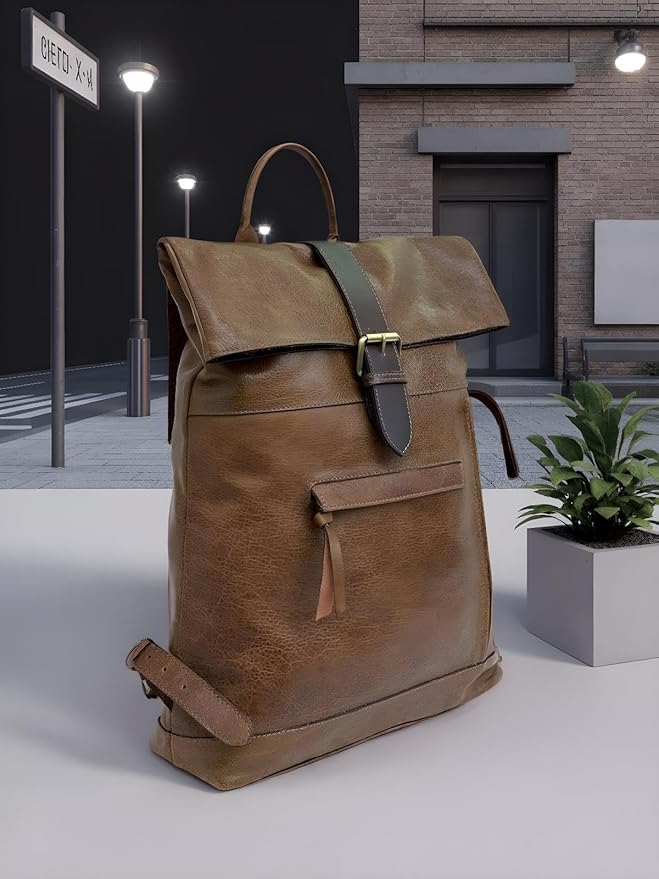 VANSI Soft Leather Men Women Laptop Backpack School College Office (Tan Brown)