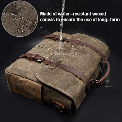 Mens Messenger Bag 15.6 Inch Waterproof Vintage Genuine Leather Waxed Canvas Briefcase Large Satchel Shoulder Bag Rugged Leather Computer Laptop Bag, Khaki