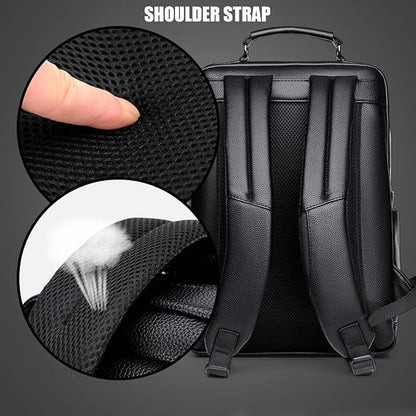 CHAO RAN Laptop Backpack for Men Leather Travel Backpack Carry on Flight Approved-Waterproof Medium Backpack Fit 15.6 Inch Notebook for College Business Office Bag with USB Charging Port (Black14)
