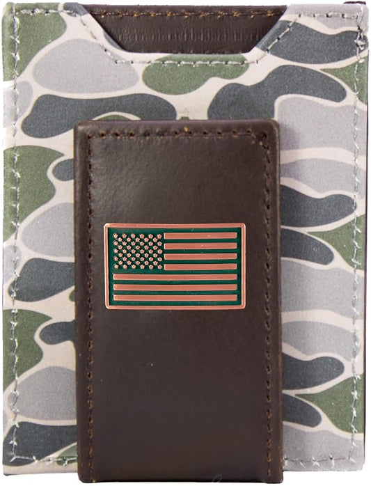 ZEP-PRO USA Flag Men's Magnetic Front Pocket Old School Camo Leather Wallet – Slim Design with Card Slots and Money Clip, Green/Gray Camo