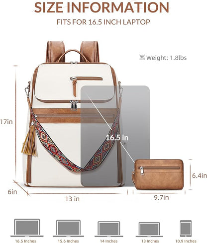 SYTRAH Leather Laptop Backpack for Women Designer Laptop Bag, 16.5 inch Travel Computer Backpacks Purse with Tassel for Work Business with Satchel Purse Beige Brown