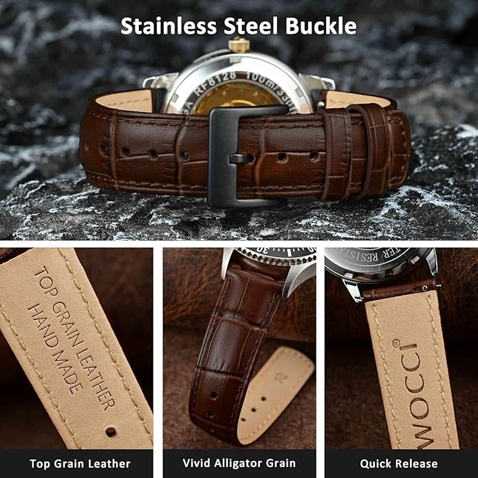 WOCCI Watch Bands, Top Grain Leather, Embossed Alligator Grain, Quick Release, Band Width 18mm 20mm 22mm