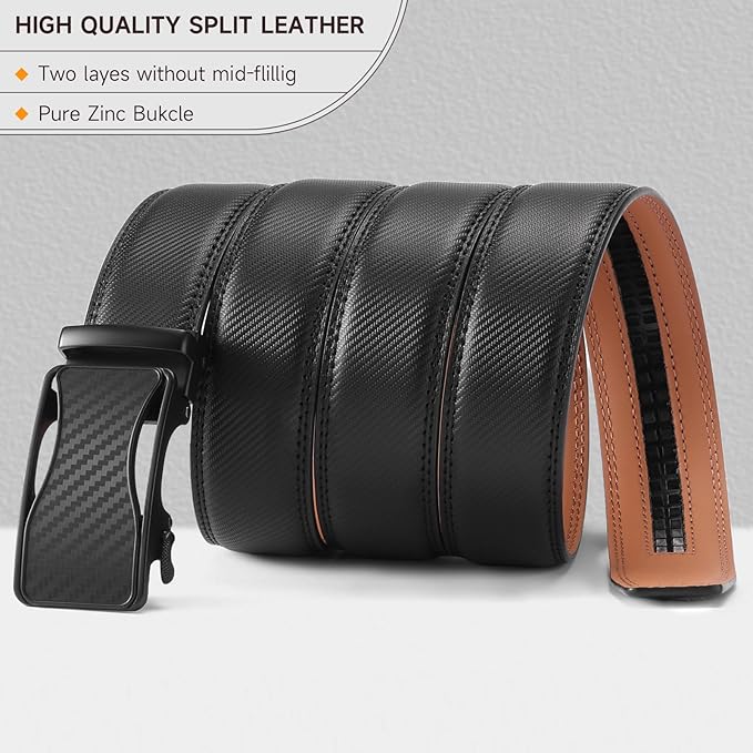 SENDEFN Men's Leather Belt - Automatic Ratchet Slide Buckle, Easy Trim-to-Fit Function, Packaged with Gift Box