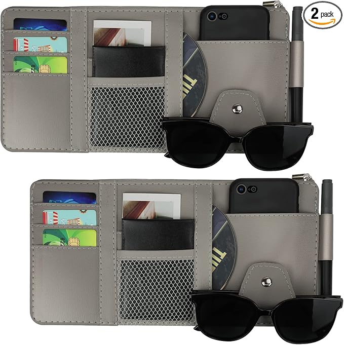Car Sun Visor Organizer, Leather Pocket Organizer Sunglass Holder for Car Interior Accessories with Multi-Pocket Net Zipper (2 Pack Gray)