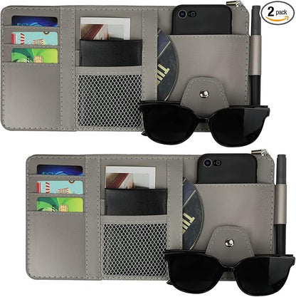Car Sun Visor Organizer, Leather Pocket Organizer Sunglass Holder for Car Interior Accessories with Multi-Pocket Net Zipper (2 Pack Gray)