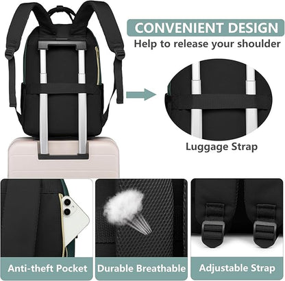 Laptop Backpack for Women Work Bag - 15.6 inch Travel Backpack with USB Charger College Bookbag Waterproof Business Computer Backpack Anti-theft Casual Backpacks for Nurse Teacher Black Green