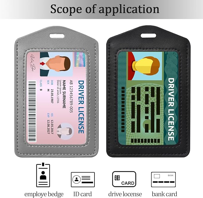 2 Pcs Genuine Leather ID Badge Holder Vertical Single-Side Clear Card Holder Waterproof Name Badge Holder for Office, Staff, Students, Employees (Black&Grey)