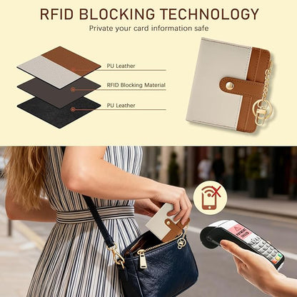 Jogjam Small Ladies Wallet, Rfid Slim Thin Compact Credit Card Women Wallet, PU Leather Bifold Cash Wallet, Zipper Coin Pocket & ID Window, Female Gifts Beige and Brown