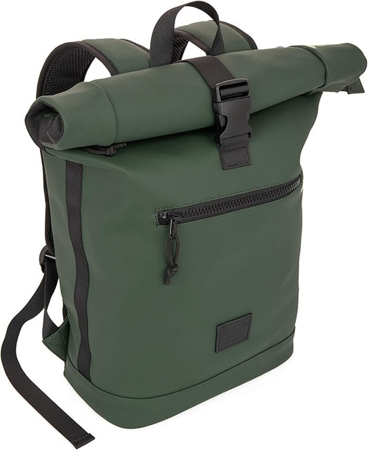 X RAY Roll Top Laptop Backpack for Men Women, PU Leather Expandable Roll Up Backpack Capacity Adjustable 22L & Fits 15.6" Laptop, Dark Olive