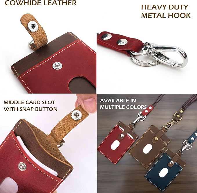Badge Holder: Boshiho Cowhide Leather ID Badge Card Holder with 19" Neck Lanyard, Vertical Style (Brown-Red)