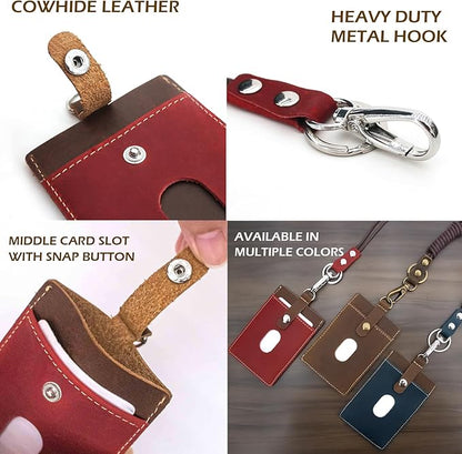 Badge Holder: Boshiho Cowhide Leather ID Badge Card Holder with 19" Neck Lanyard, Vertical Style (Brown-Red)
