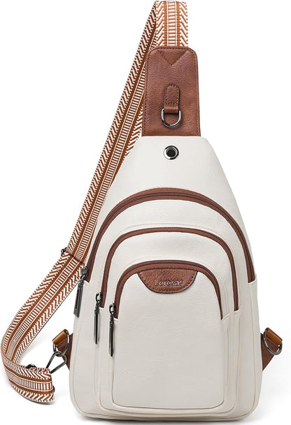 Leresas 10L Crossbody Sling Bag for Women Men Anti Theft Cross Body Fanny Pack Belt Bag Purse Gifts for Women Faux Leather, Beige Brown