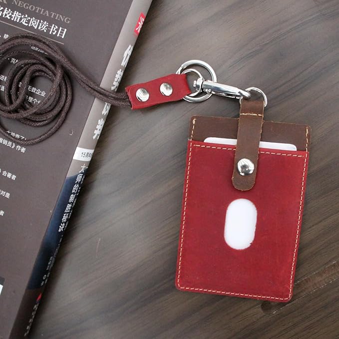 Badge Holder: Boshiho Cowhide Leather ID Badge Card Holder with 19" Neck Lanyard, Vertical Style (Brown-Red)