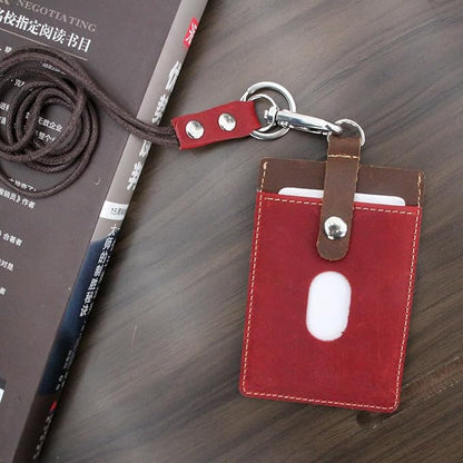 Badge Holder: Boshiho Cowhide Leather ID Badge Card Holder with 19" Neck Lanyard, Vertical Style (Brown-Red)