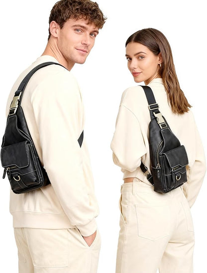 Genuine Leather Hiking Travel DayPack Sling Crossbody Triangle Chest Pack Bag For Men Women 8241 (Dark Black 258204)
